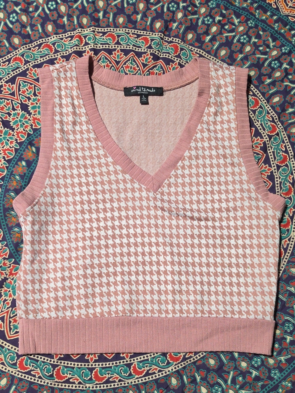 Pink and White Houndstooth V-Neck Sweater Vest